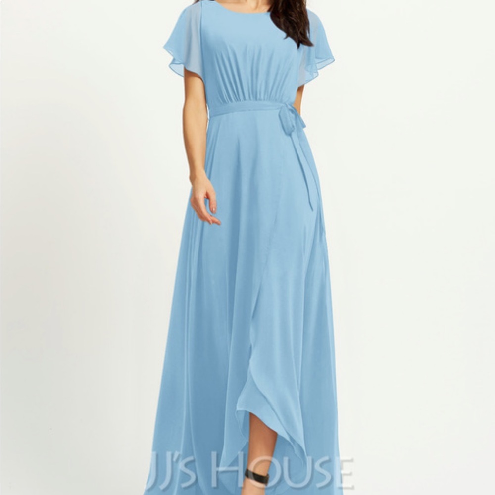 Women’s Formal Bridesmaid Dress- light blue high-low- detachable belt